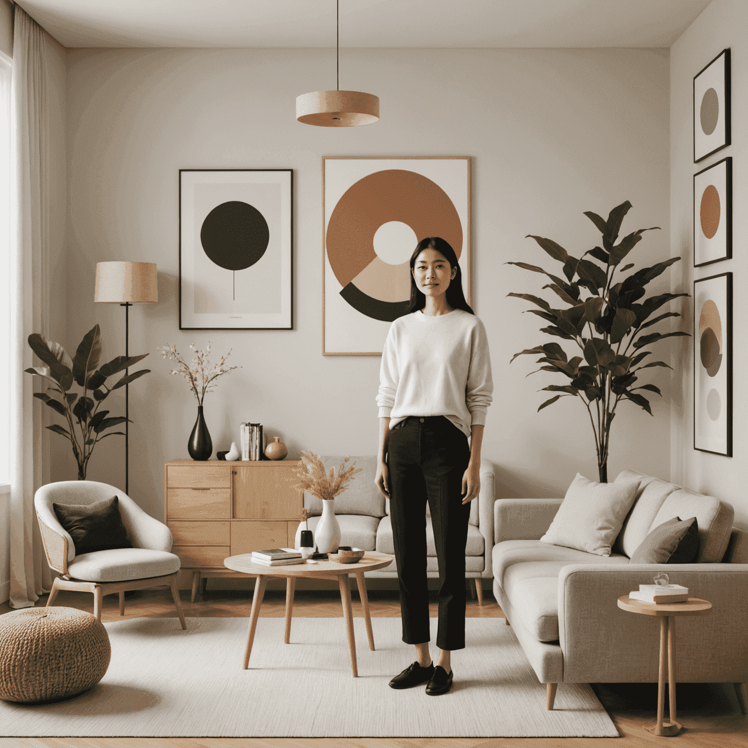 Yuki Tanaka, founder of DecoraGem, standing in a minimalist living room with DIY decor elements