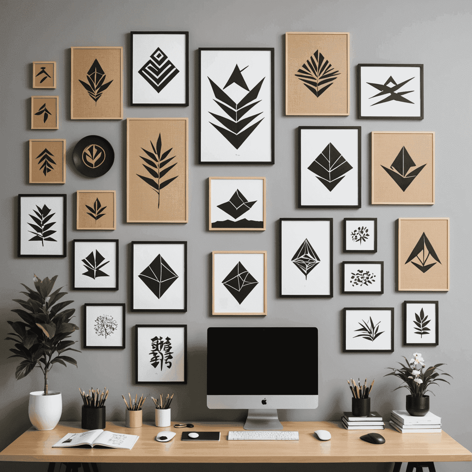 Various DIY wall art pieces including calligraphy scrolls, minimalist paintings, and origami installations in a modern Japanese office setting