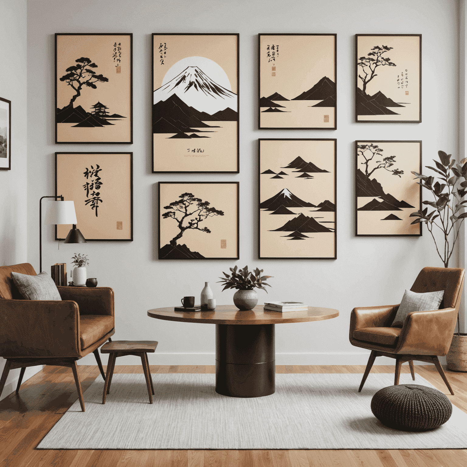 Various DIY wall art pieces featuring Japanese-inspired designs, including calligraphy scrolls, minimalist paintings, and origami installations in an office setting