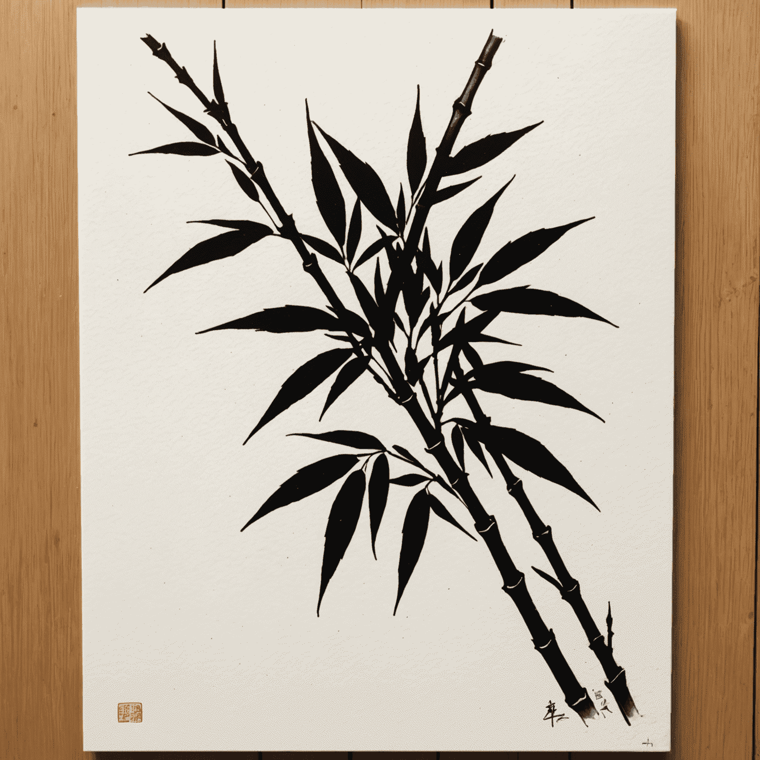 A simple ink wash painting of a bamboo branch on white paper, mounted on a light wooden frame