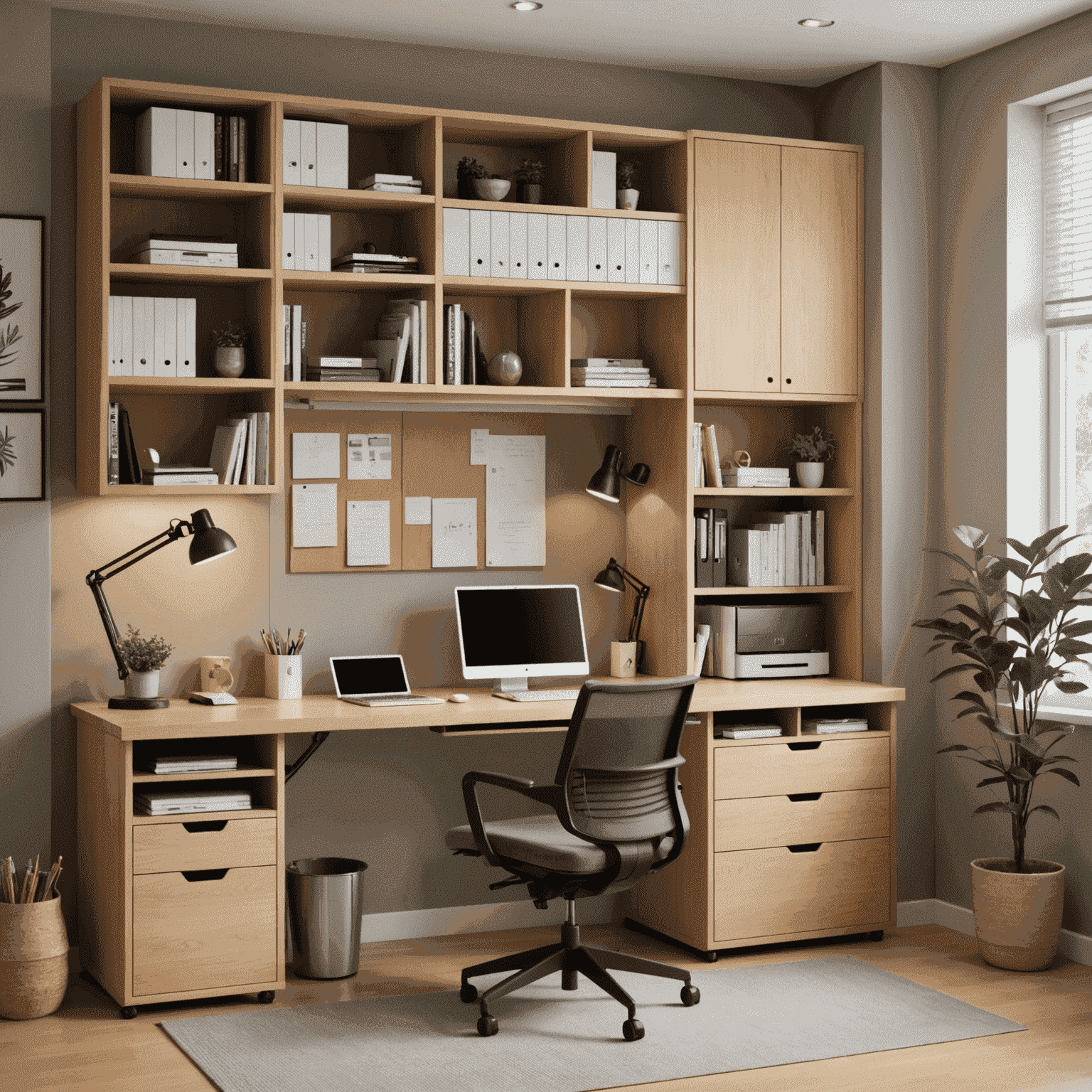 A compact Japanese office with clever storage solutions, including wall-mounted shelves, under-desk drawers, and multi-functional furniture