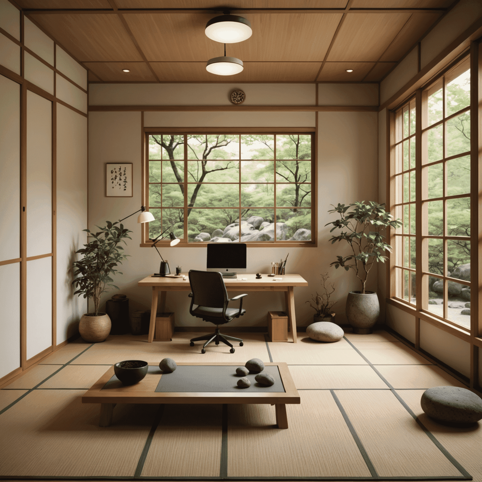 A serene Japanese office space with minimalist design, featuring a low wooden desk, tatami mat, and a small rock garden