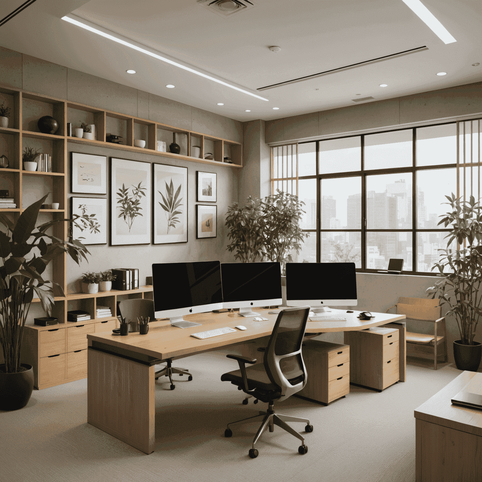 A modern Japanese office space with sleek technology integrated alongside natural elements like bamboo plants, a small rock garden, and wooden furniture