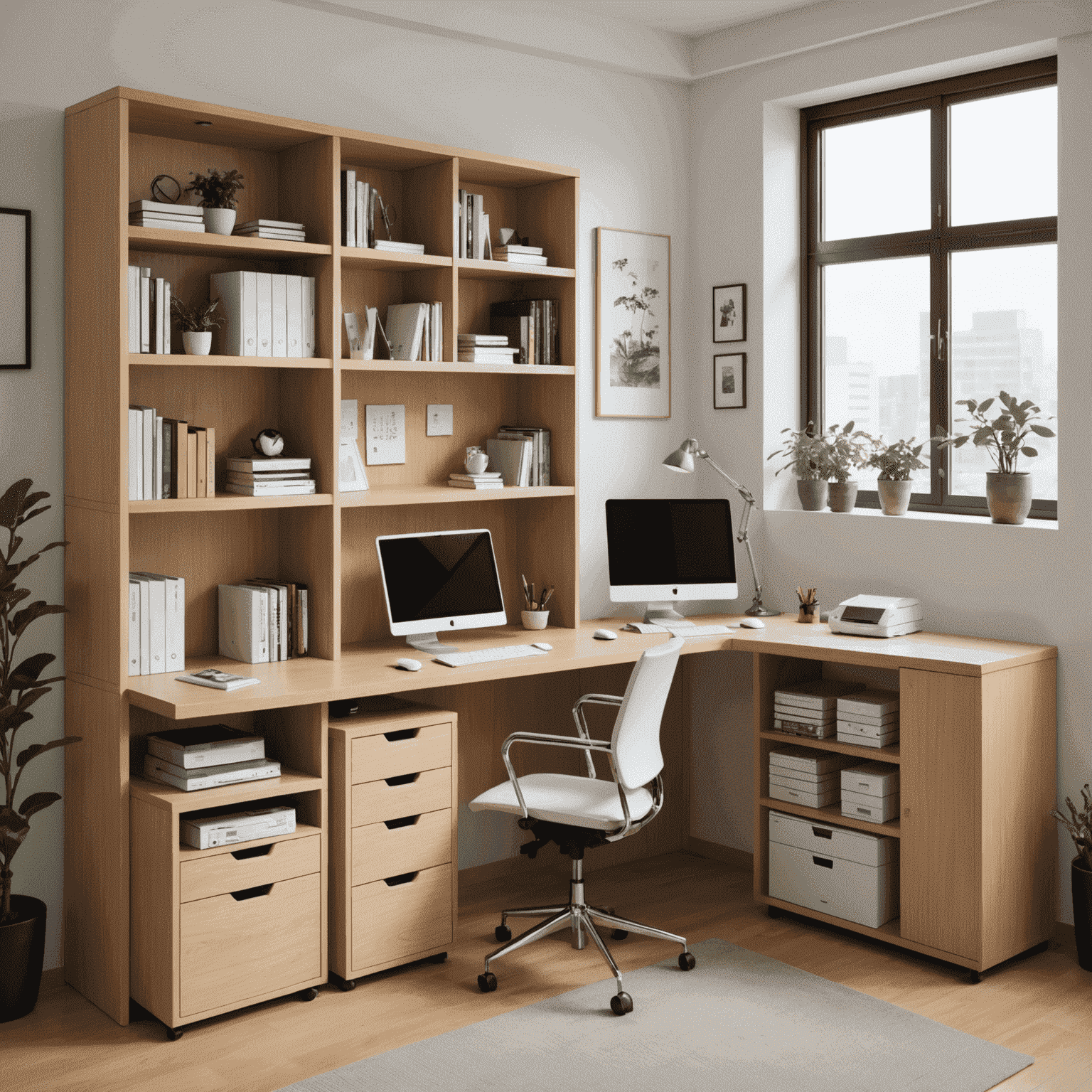 Compact Japanese office with clever storage solutions, including built-in shelves, multi-functional furniture, and hidden compartments