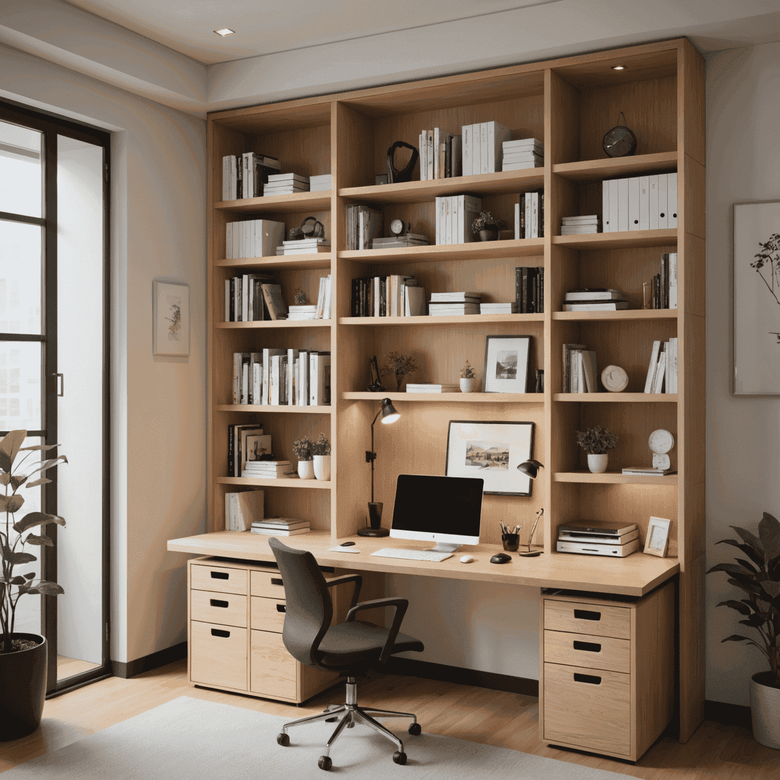 Compact Japanese office with clever storage solutions, including built-in shelves, multi-functional furniture, and hidden compartments