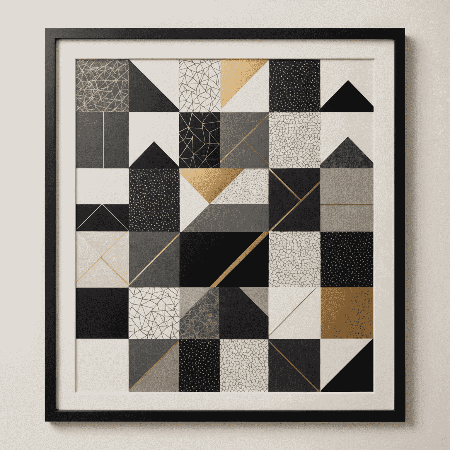 A geometric collage made from various patterned washi papers in muted tones, framed in a thin black frame