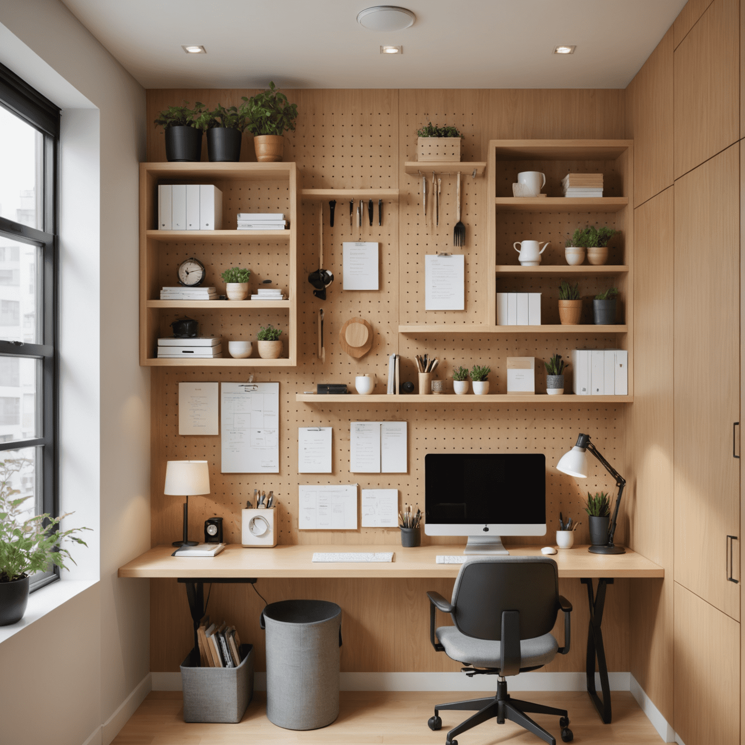 A Japanese office wall with floating shelves, a pegboard organizer, and sleek wall-mounted cabinets