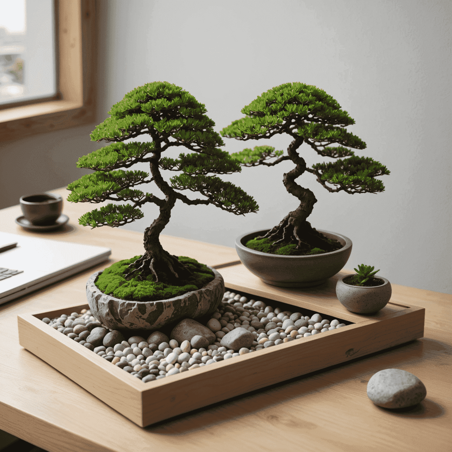 A minimalist desk with a small bonsai tree and a mini rock garden