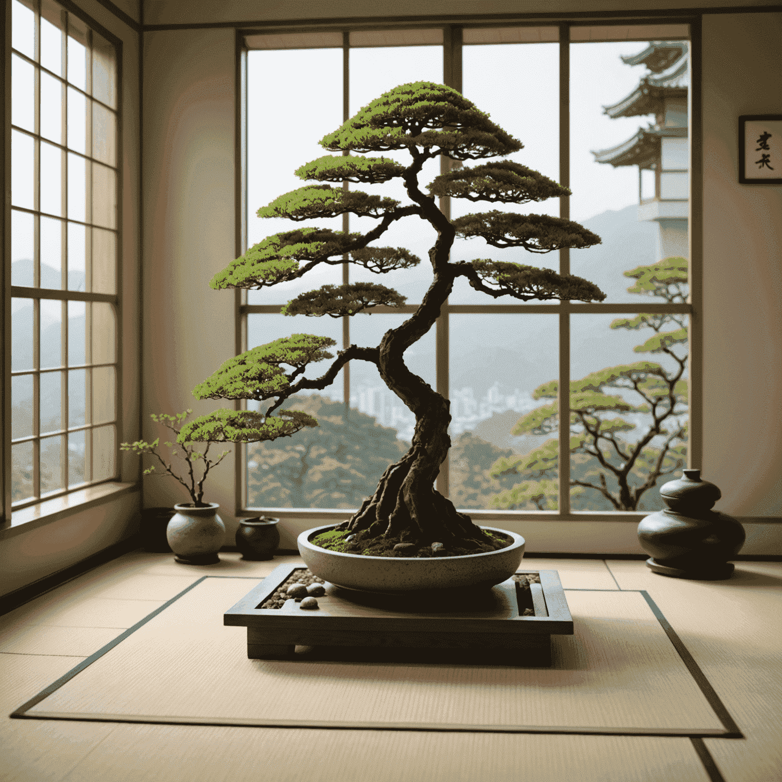 A serene zen corner in an office with a small rock garden, tatami mat, and a view of a bonsai tree, contrasting with visible tech equipment in the background