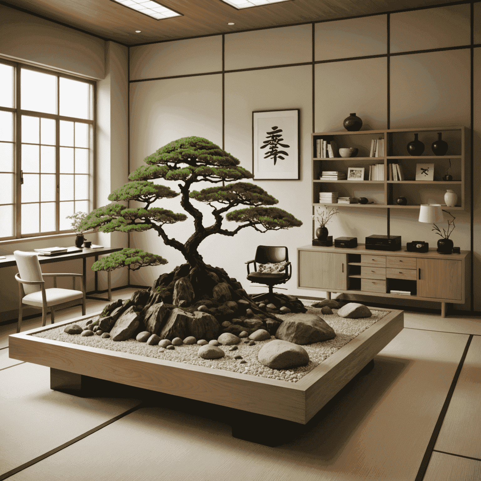 A serene Japanese office space featuring a rock garden, bonsai tree, and minimalist furniture arranged according to Zen principles