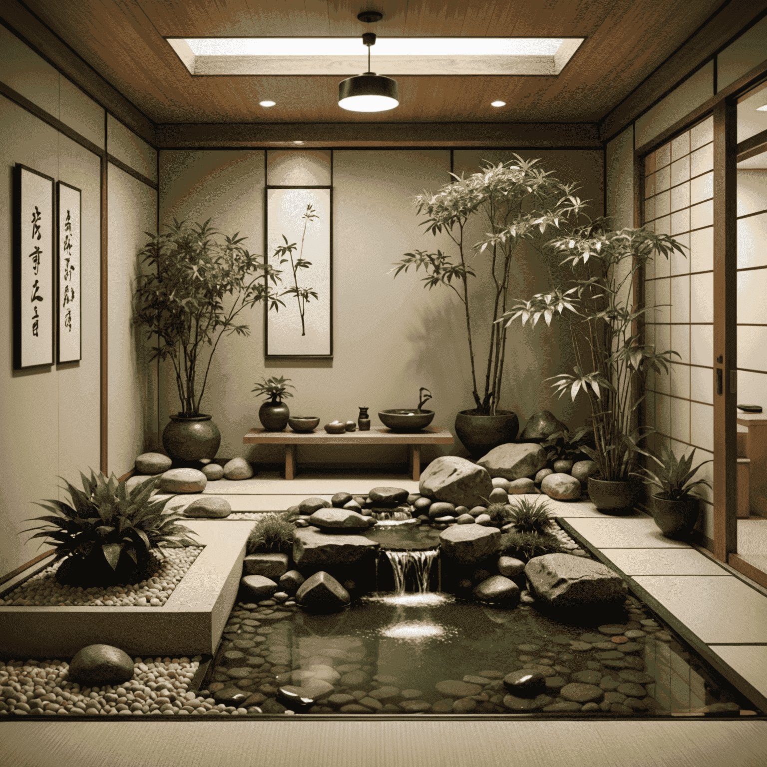 A serene Japanese office space with Zen elements such as a small rock garden, bamboo plants, and a minimalist water feature