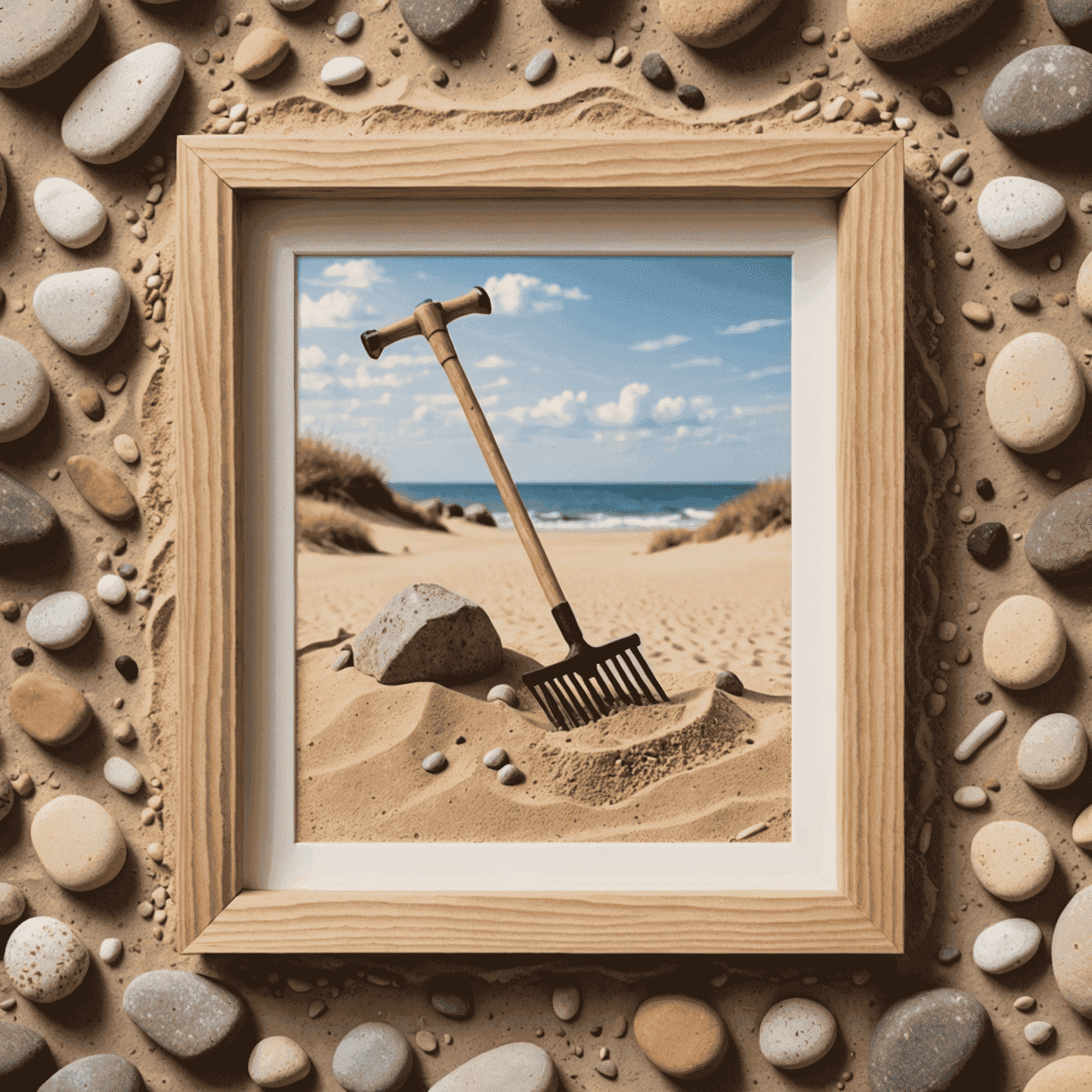 A small wooden frame filled with sand, featuring carefully placed rocks and a miniature rake, mounted on a white wall