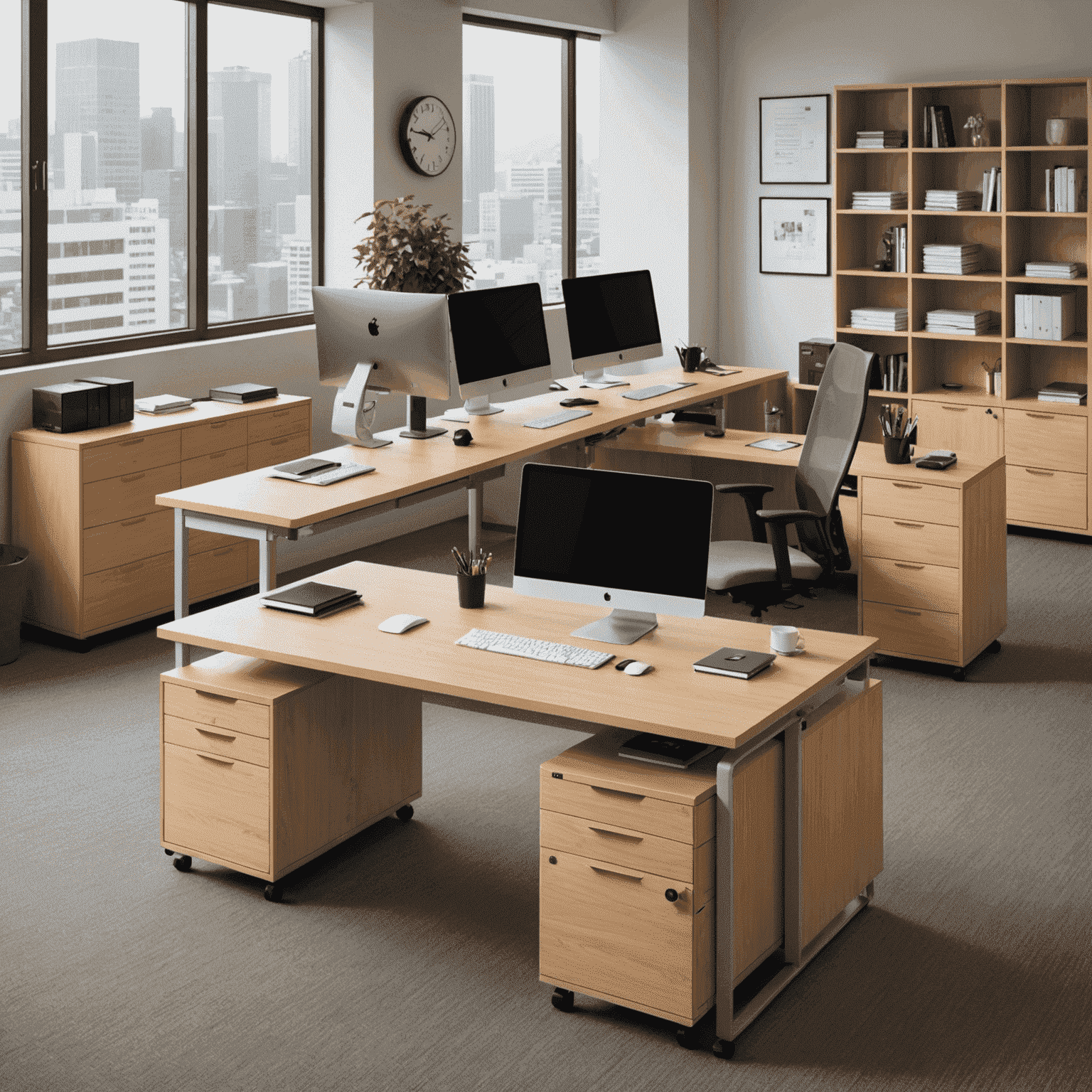 An under-desk area in a Japanese office showcasing efficient organization with rolling cabinets, cable management, and slim drawers