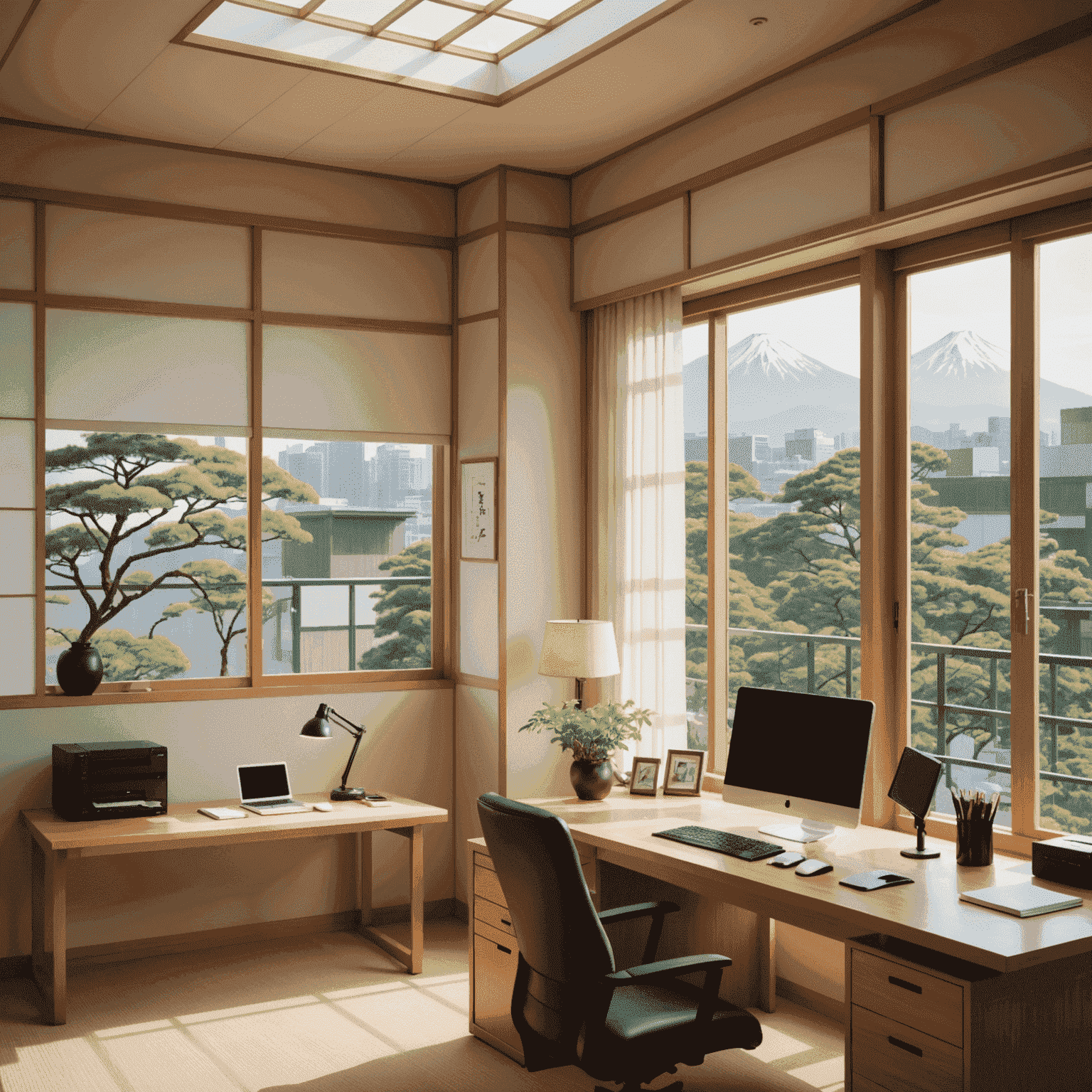 A Japanese-style office with large windows allowing natural light, featuring sheer curtains and a simple wooden desk