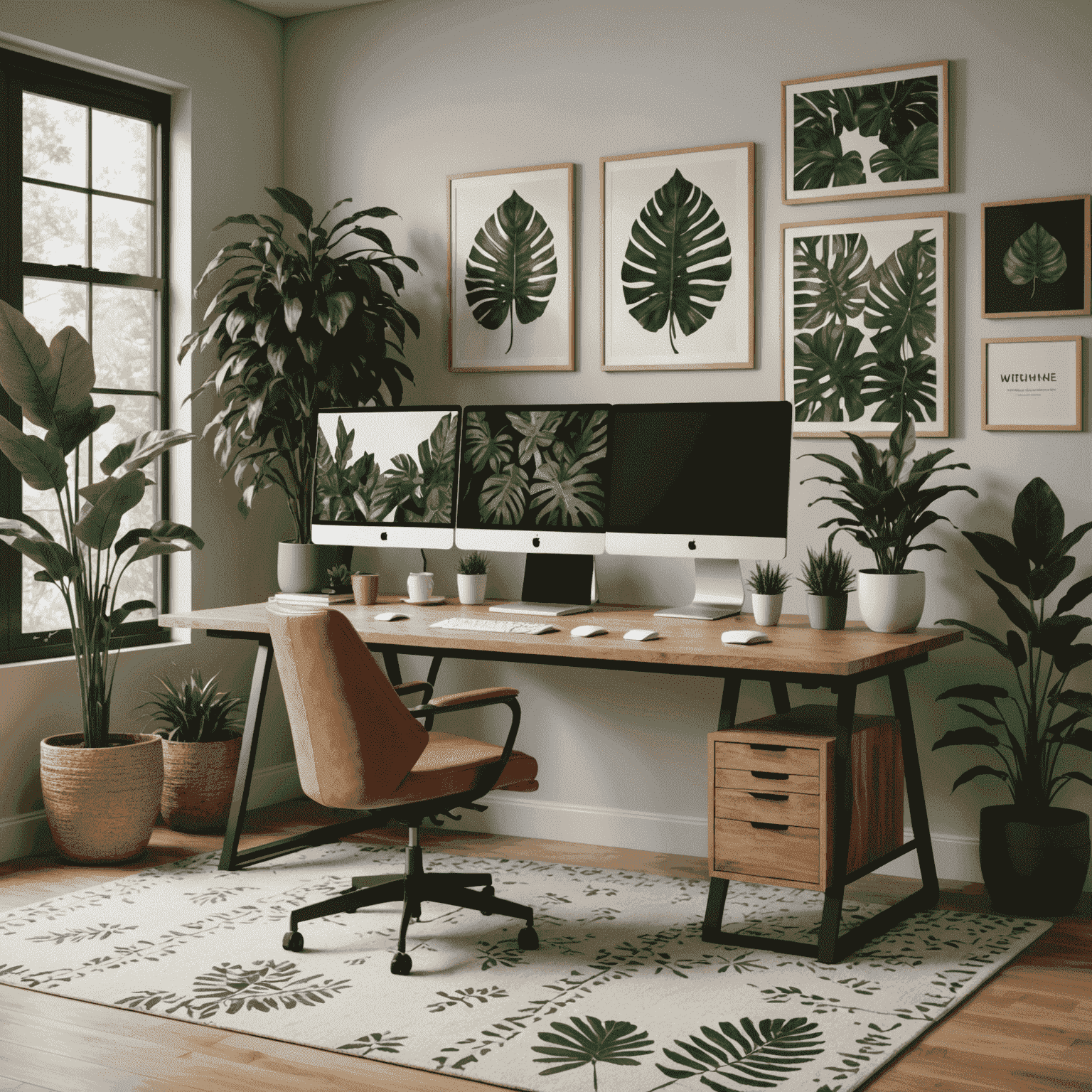 A modern office workstation with multiple monitors on a wooden desk, surrounded by potted plants and featuring a carpet with leaf patterns