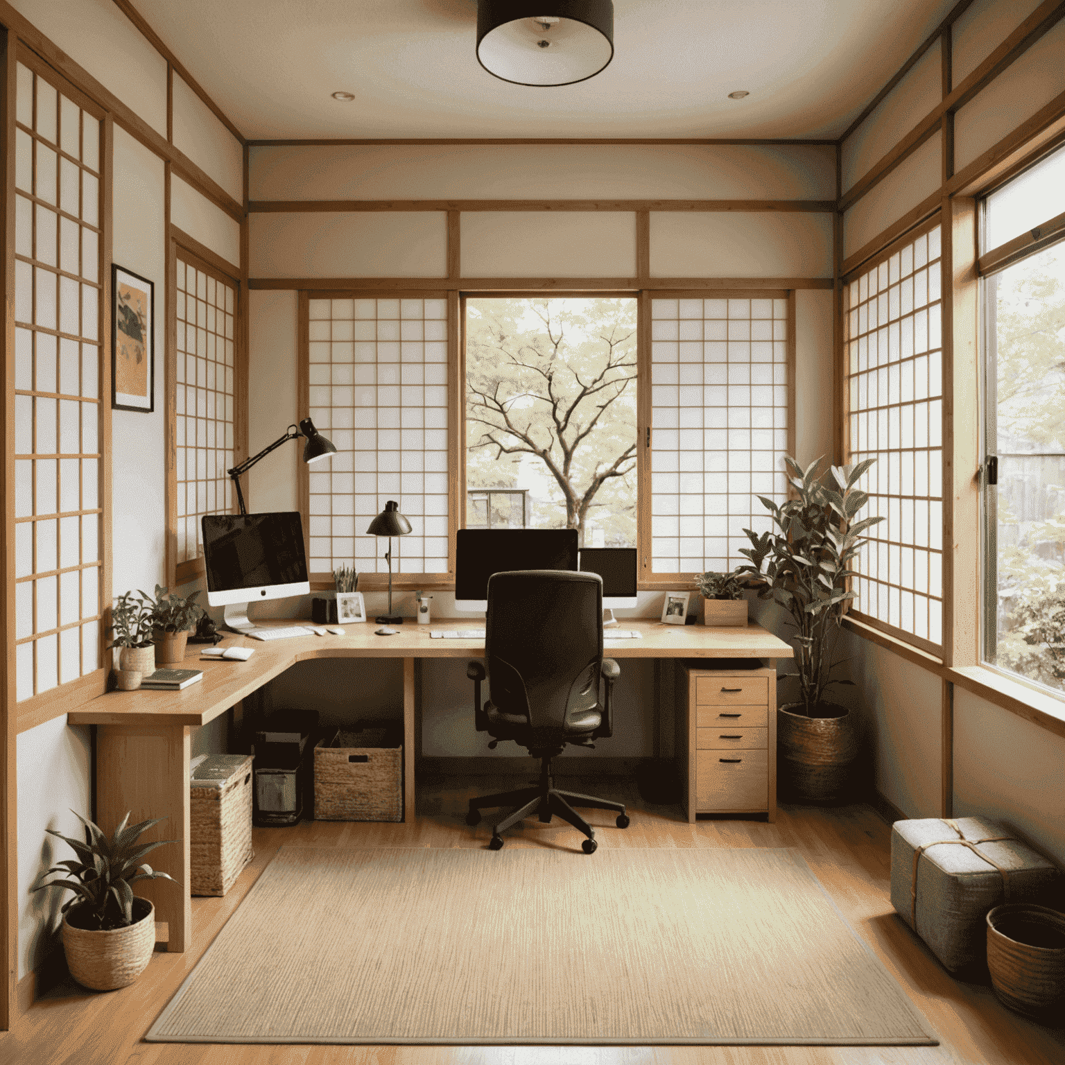 Before and after images of a budget-friendly Japanese office makeover, featuring DIY shoji screens, upcycled furniture, and affordable Japanese-inspired decor