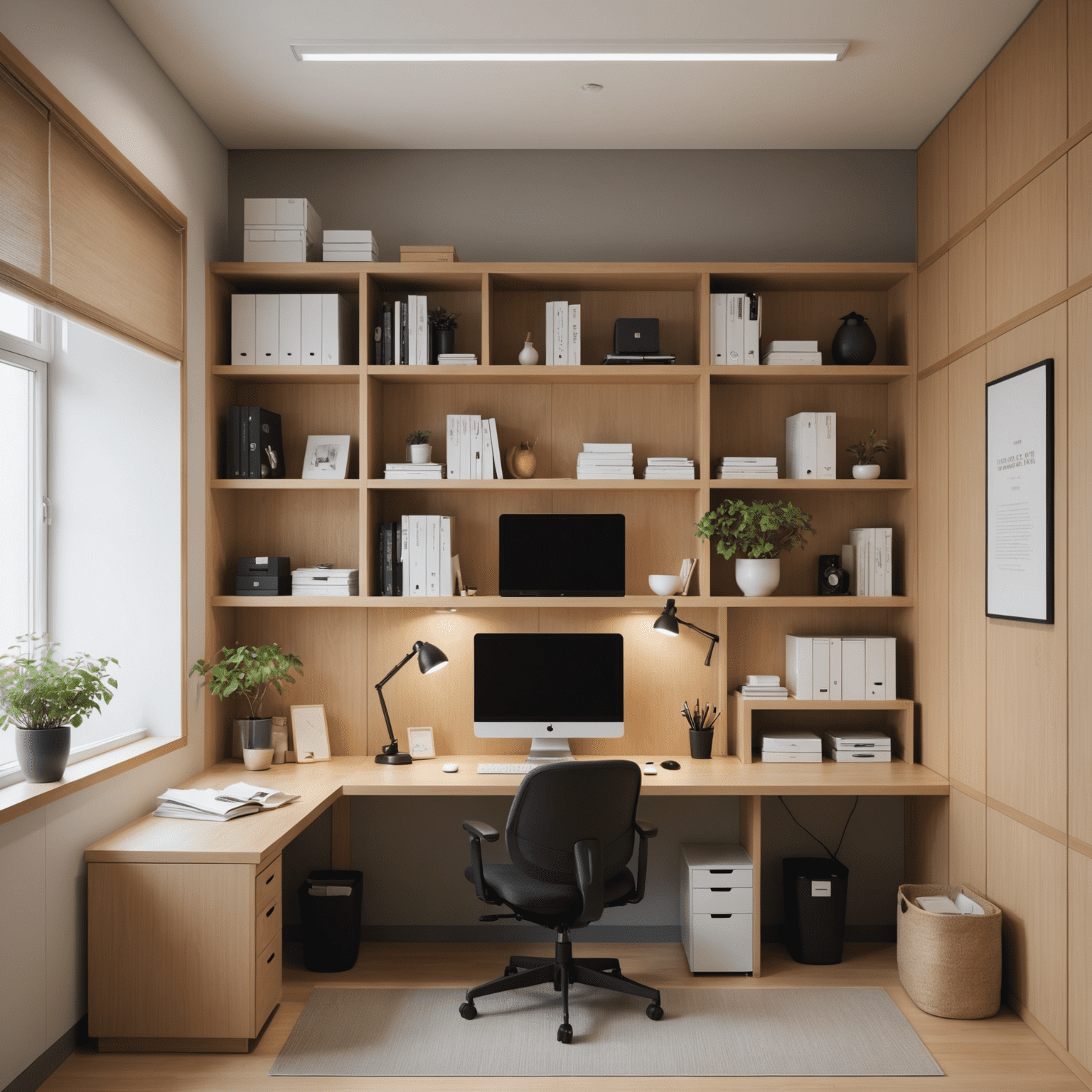 A minimalist Japanese office space with clean lines, essential items only, and clever hidden storage solutions