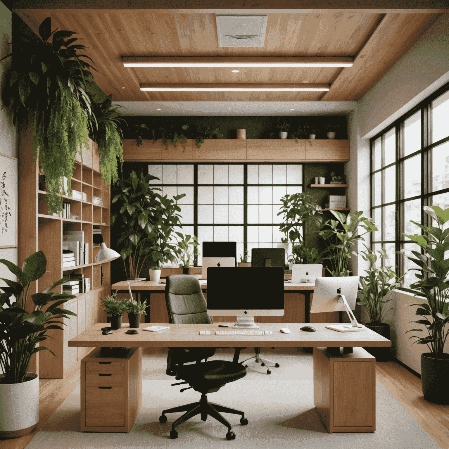 A modern Japanese office showcasing a perfect blend of technology and nature, with a sleek workstation surrounded by indoor plants and natural wood elements