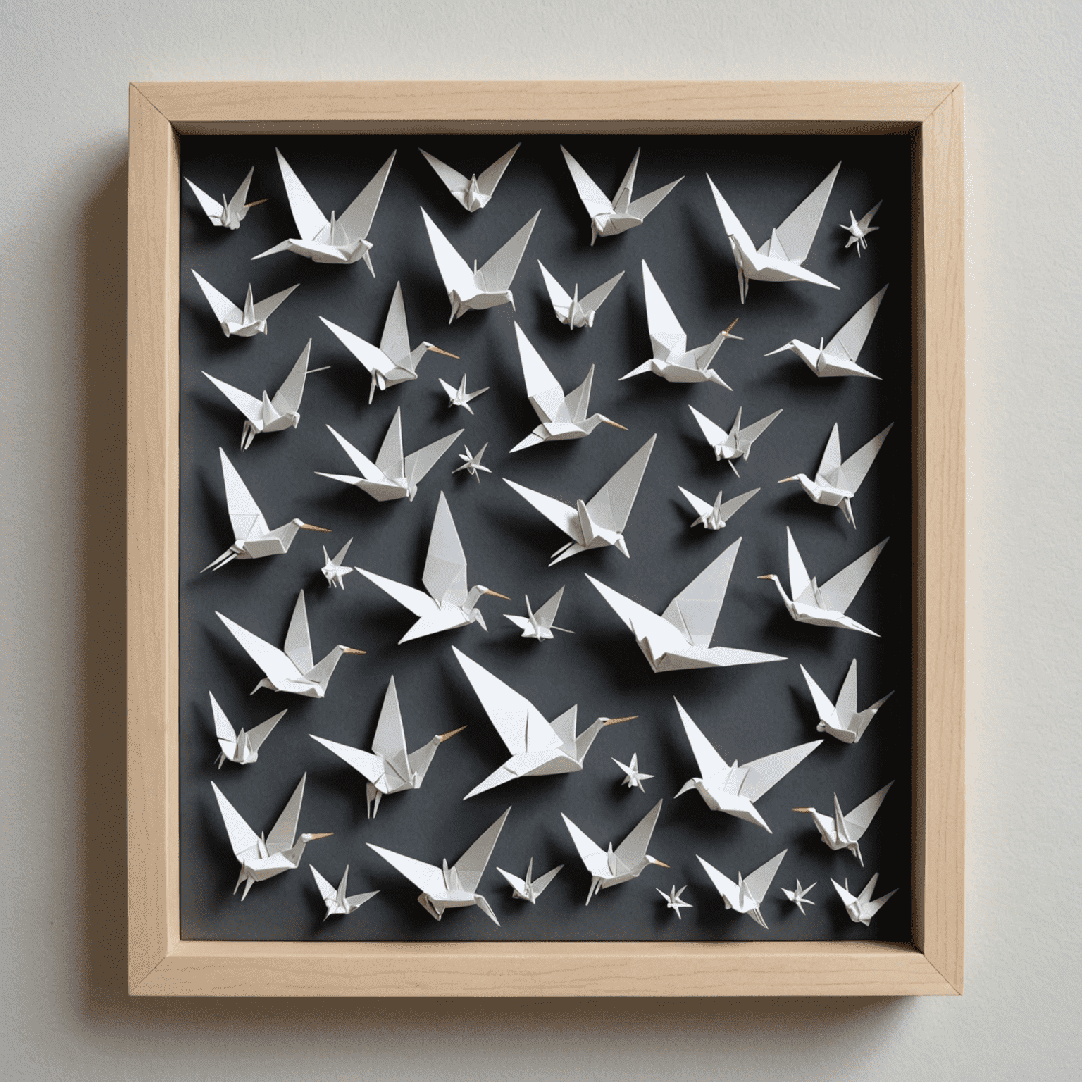 A white shadow box containing carefully arranged origami cranes in various shades of grey and white paper